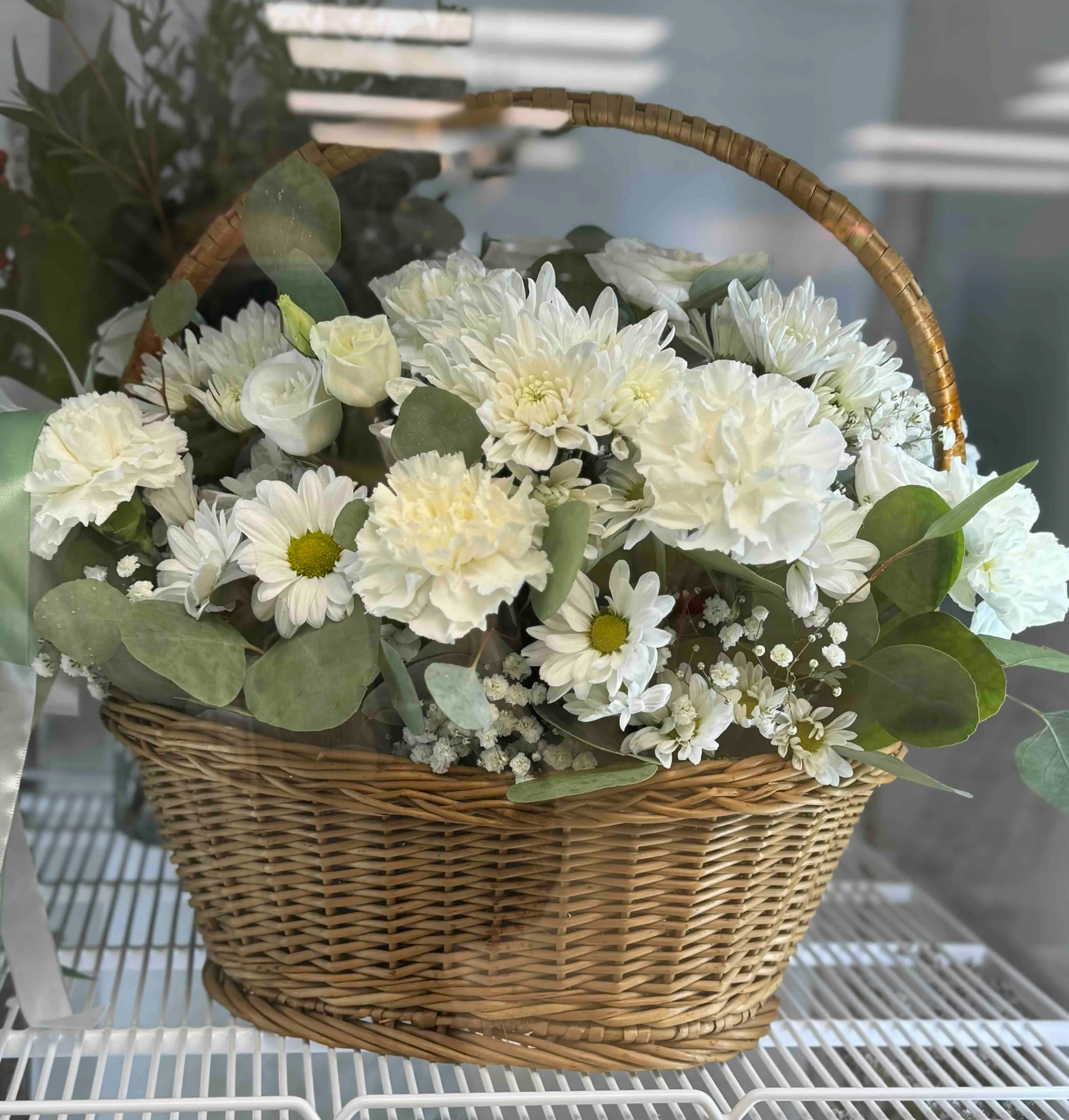 White Sympathy Flower Basket 